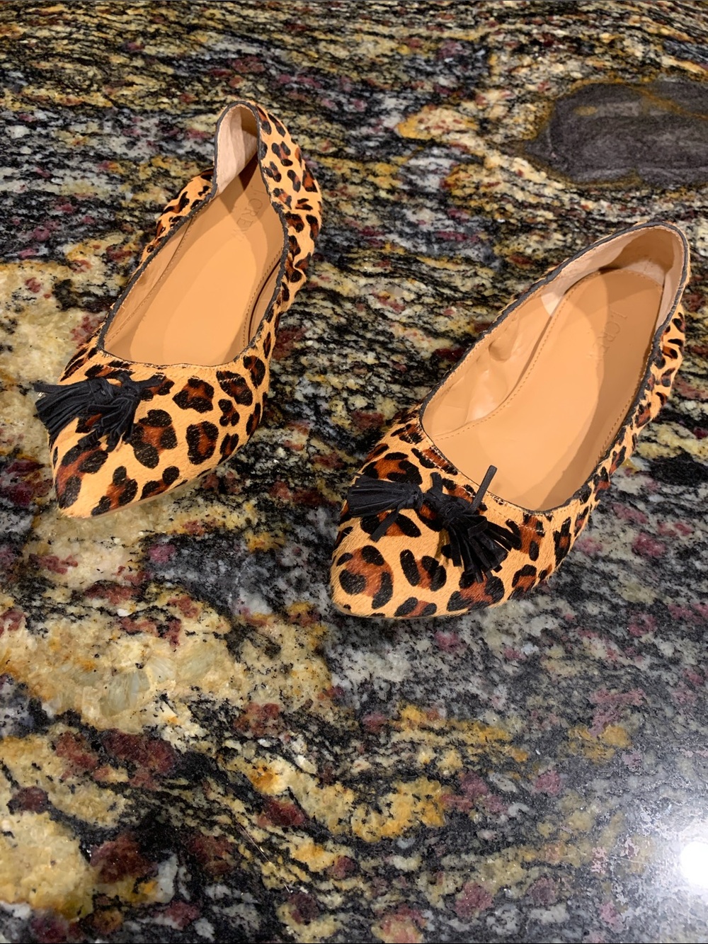 J CREW CALF HAIR TASSEL FLATS IN LEOPARD PRINT